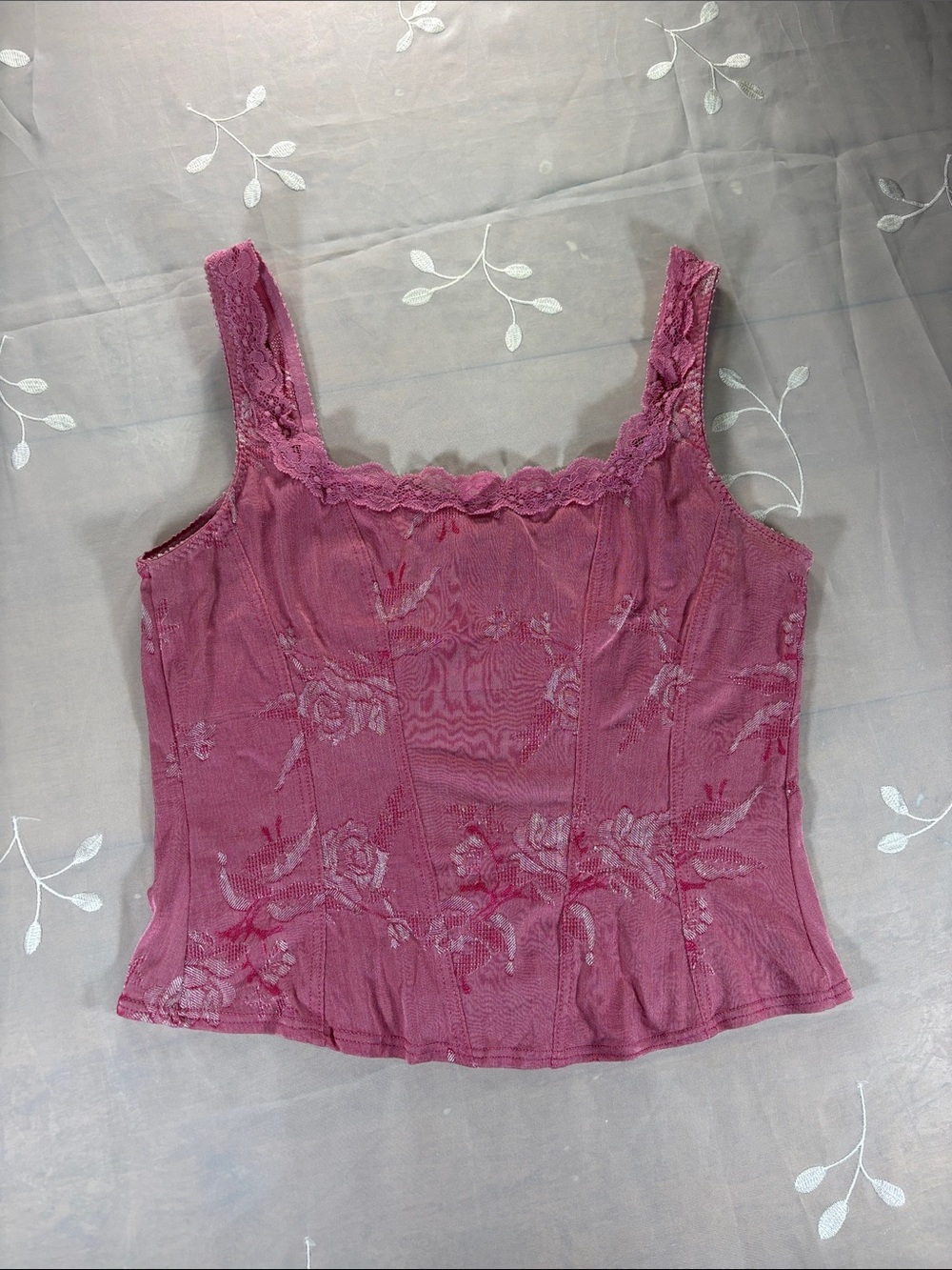Arianne Rose-Jacquard Lace Trim Camisole -  Old Pink Lingerie Corset Vibe Large